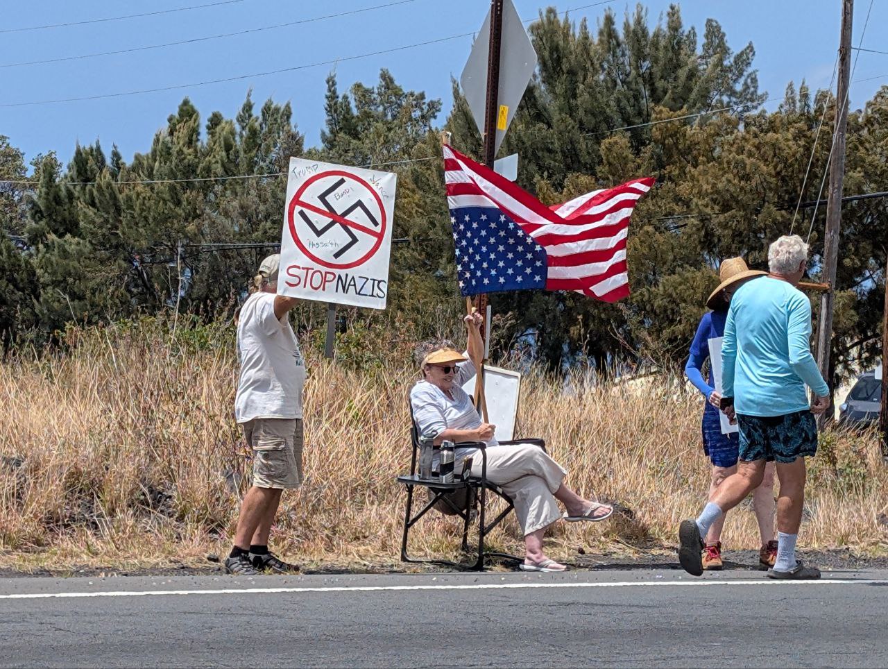 Stop Nazis sign with American flag